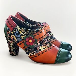 Colorful Floral Mary Jane Heels Chunky Heel Boho EU 38 Whimsical Art Teacher